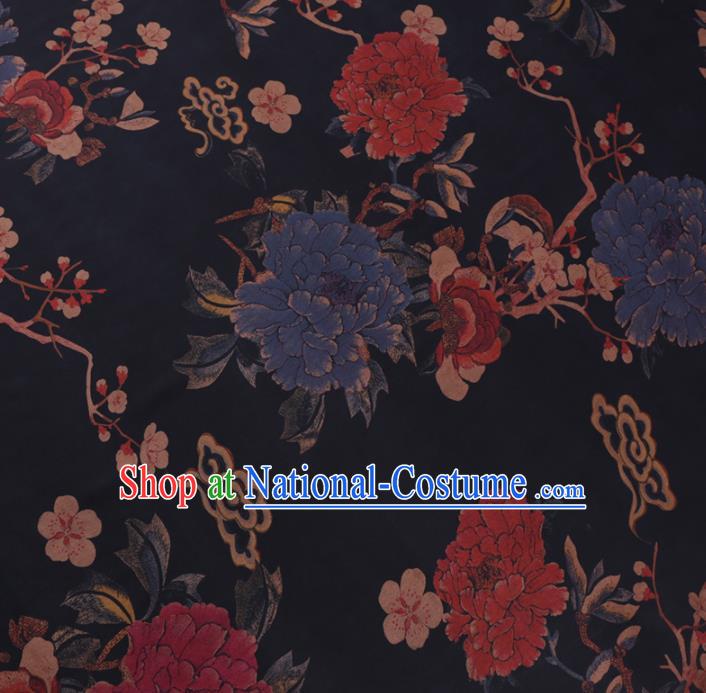 Chinese Cheongsam Classical Peony Plum Pattern Design Black Watered Gauze Fabric Asian Traditional Silk Material