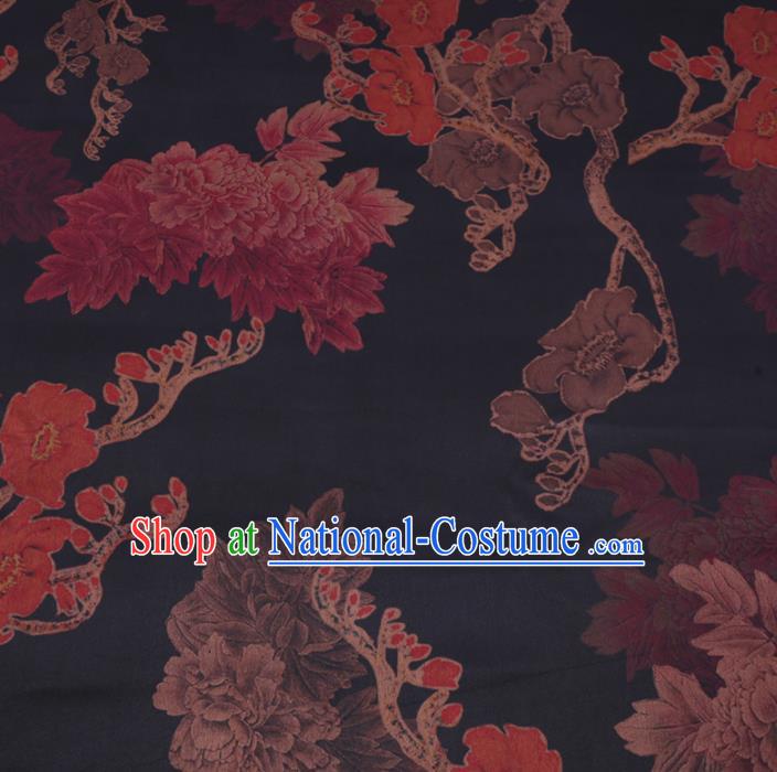 Chinese Cheongsam Classical Magnolia Peony Pattern Design Black Watered Gauze Fabric Asian Traditional Silk Material