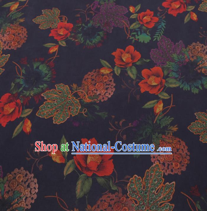 Chinese Cheongsam Classical Flowers Pattern Design Navy Watered Gauze Fabric Asian Traditional Silk Material