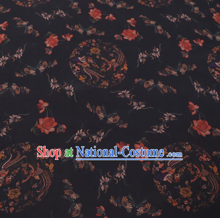 Chinese Cheongsam Classical Phoenix Peony Pattern Design Black Watered Gauze Fabric Asian Traditional Silk Material