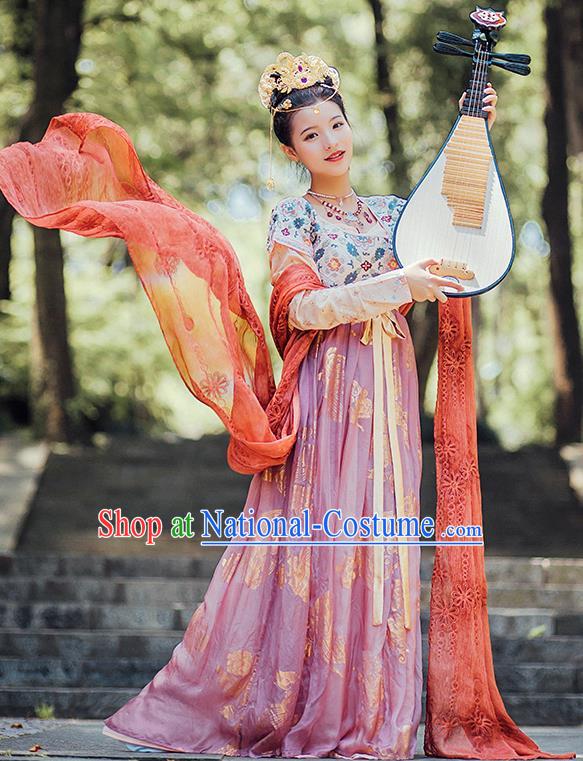 Chinese Ancient Court Dance Lady Embroidered Dress Traditional Tang Dynasty Royal Princess Costumes for Women