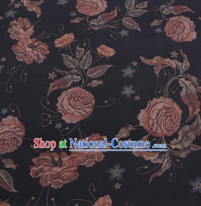 Chinese Cheongsam Classical Rose Flowers Pattern Design Black Watered Gauze Fabric Asian Traditional Silk Material