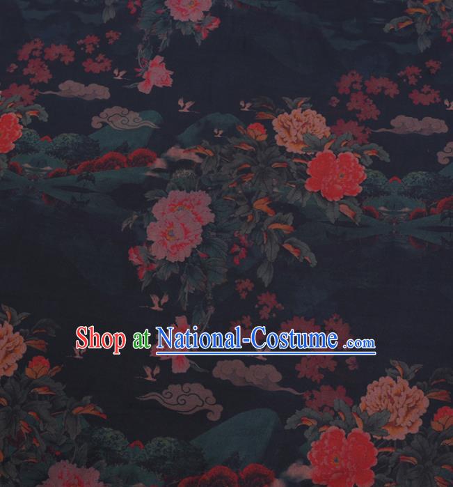 Chinese Cheongsam Classical Peony Pattern Design Navy Blue Watered Gauze Fabric Asian Traditional Silk Material