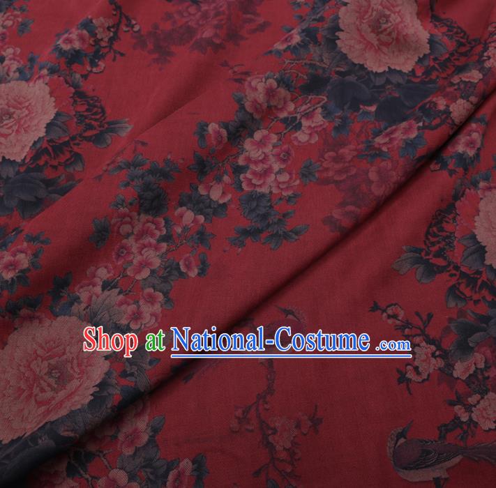 Chinese Cheongsam Classical Peony Plum Pattern Design Red Watered Gauze Fabric Asian Traditional Silk Material