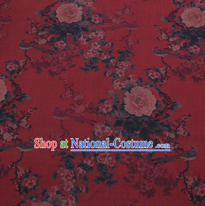 Chinese Cheongsam Classical Peony Plum Pattern Design Red Watered Gauze Fabric Asian Traditional Silk Material