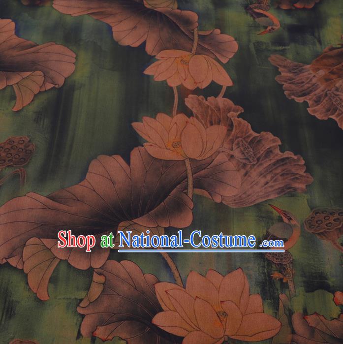 Chinese Cheongsam Classical Lotus Goose Pattern Design Green Watered Gauze Fabric Asian Traditional Silk Material