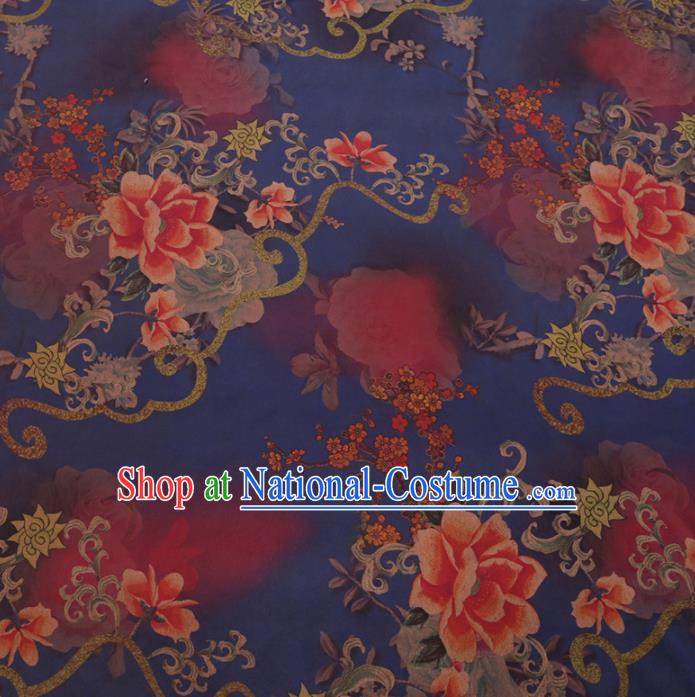 Chinese Cheongsam Classical Peony Plum Pattern Design Deep Blue Watered Gauze Fabric Asian Traditional Silk Material