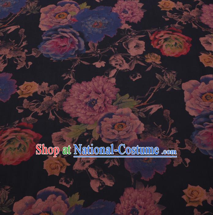 Chinese Cheongsam Classical Peony Flowers Pattern Design Black Watered Gauze Fabric Asian Traditional Silk Material