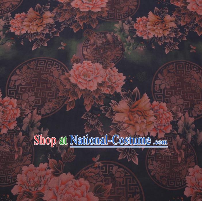 Chinese Cheongsam Classical Rich Peony Pattern Design Black Watered Gauze Fabric Asian Traditional Silk Material