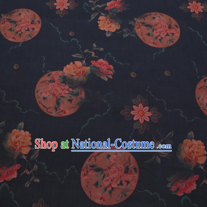 Chinese Cheongsam Classical Peony Fan Pattern Design Black Watered Gauze Fabric Asian Traditional Silk Material