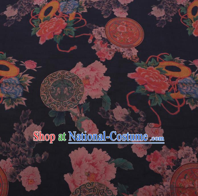 Chinese Cheongsam Classical Peony Pattern Design Black Watered Gauze Fabric Asian Traditional Silk Material