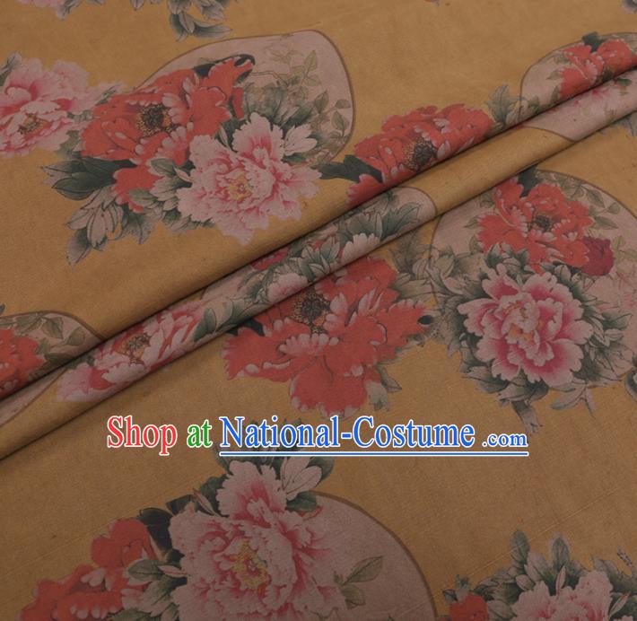 Chinese Cheongsam Classical Peony Fan Pattern Design Yellow Watered Gauze Fabric Asian Traditional Silk Material