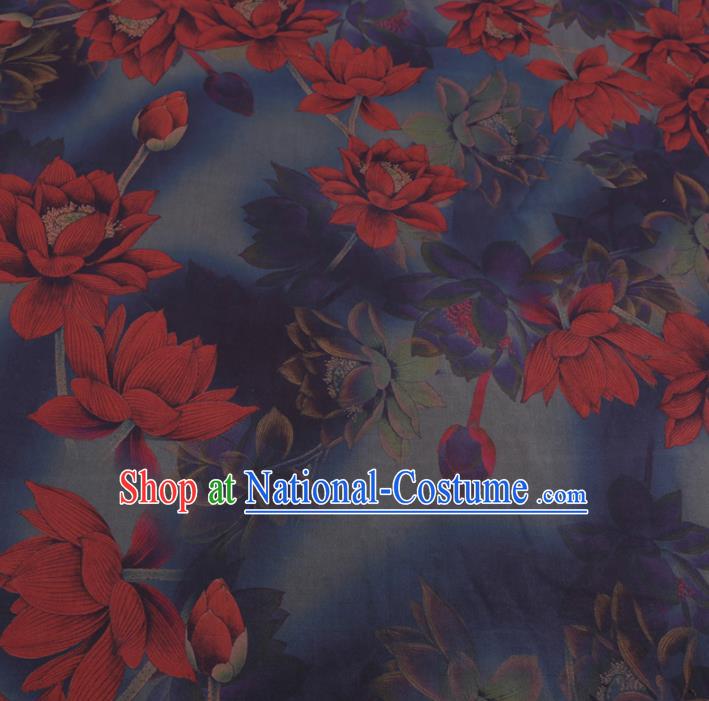 Chinese Cheongsam Classical Red Lotus Pattern Design Blue Watered Gauze Fabric Asian Traditional Silk Material