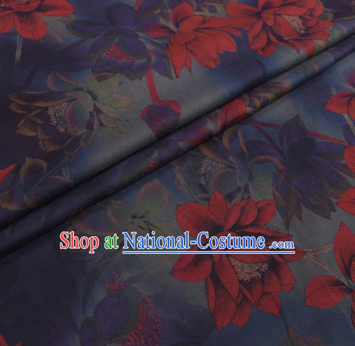 Chinese Cheongsam Classical Red Lotus Pattern Design Blue Watered Gauze Fabric Asian Traditional Silk Material