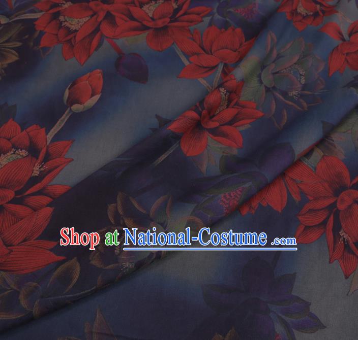 Chinese Cheongsam Classical Red Lotus Pattern Design Blue Watered Gauze Fabric Asian Traditional Silk Material