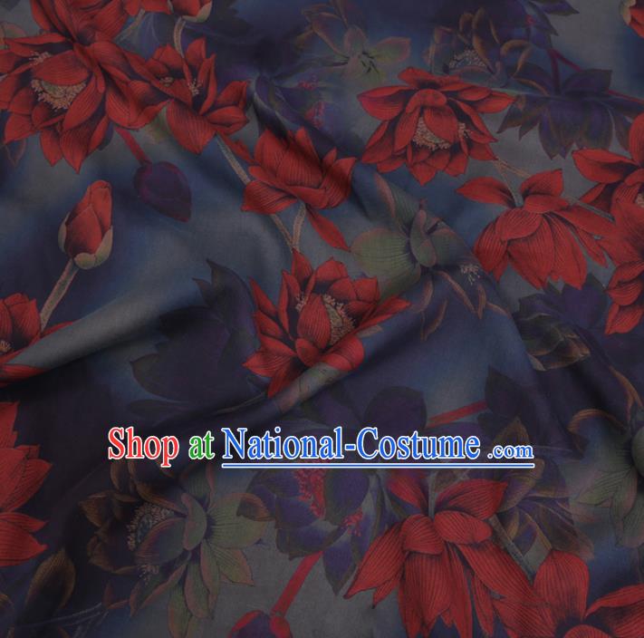 Chinese Cheongsam Classical Red Lotus Pattern Design Blue Watered Gauze Fabric Asian Traditional Silk Material