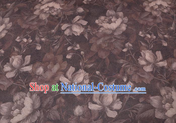 Chinese Cheongsam Classical Lotus Flowers Pattern Design Brown Watered Gauze Fabric Asian Traditional Silk Material