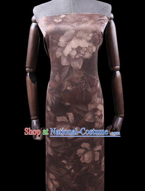 Chinese Cheongsam Classical Lotus Flowers Pattern Design Brown Watered Gauze Fabric Asian Traditional Silk Material