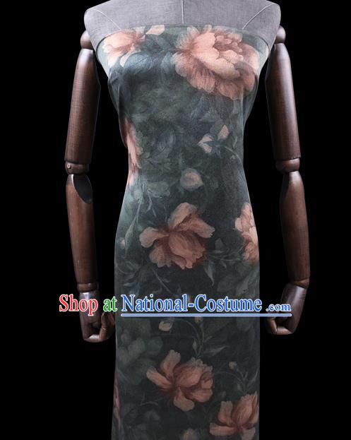 Chinese Cheongsam Classical Lotus Flowers Pattern Design Dark Green Watered Gauze Fabric Asian Traditional Silk Material