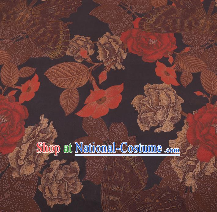 Chinese Cheongsam Classical Peony Flowers Pattern Design Black Watered Gauze Fabric Asian Traditional Silk Material