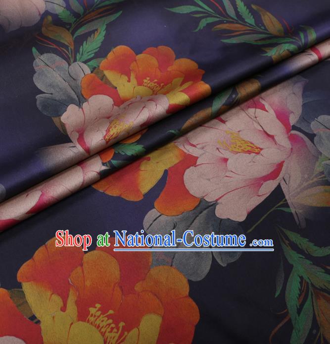 Chinese Cheongsam Classical Peony Pattern Design Navy Blue Watered Gauze Fabric Asian Traditional Silk Material