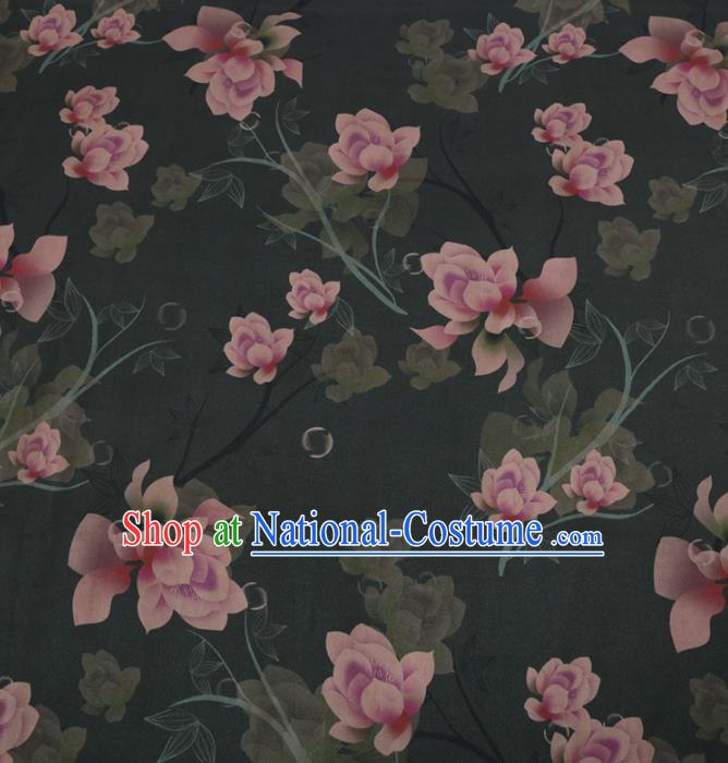 Chinese Cheongsam Classical Lotus Orchid Pattern Design Atrovirens Watered Gauze Fabric Asian Traditional Silk Material