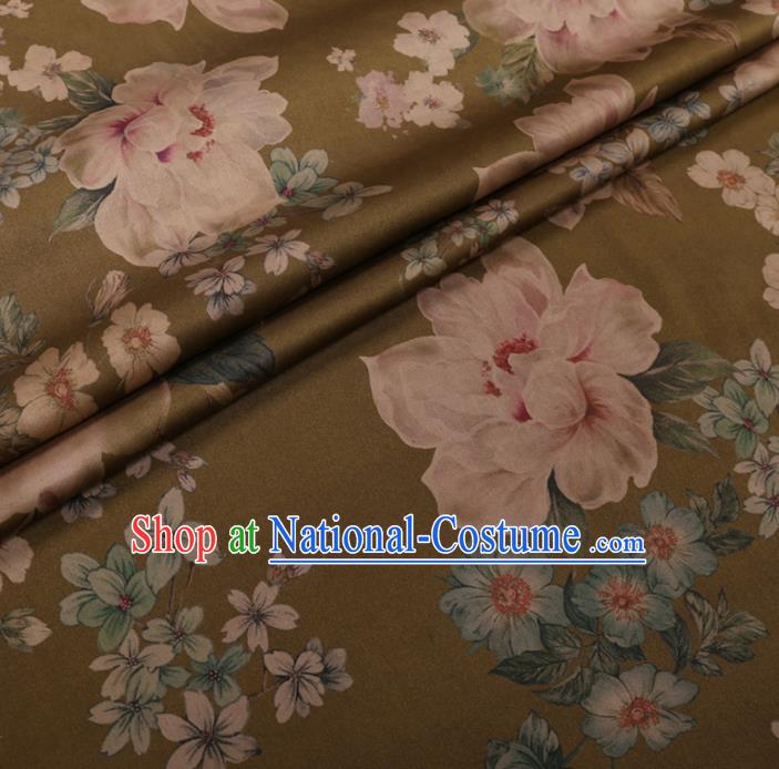 Chinese Cheongsam Classical Camellia Pattern Design Olive Green Watered Gauze Fabric Asian Traditional Silk Material