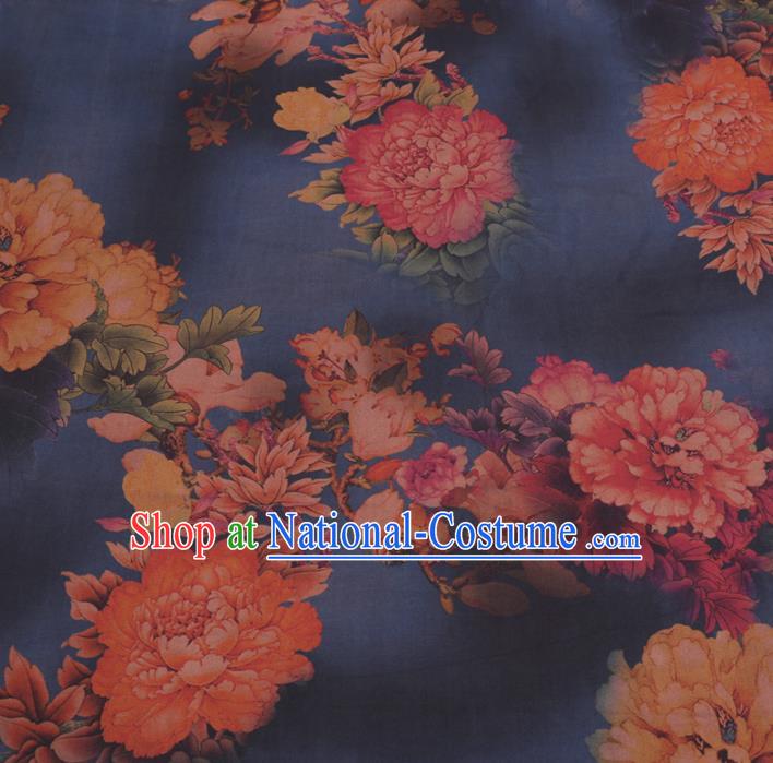 Chinese Cheongsam Classical Peony Magnolia Pattern Design Navy Watered Gauze Fabric Asian Traditional Silk Material