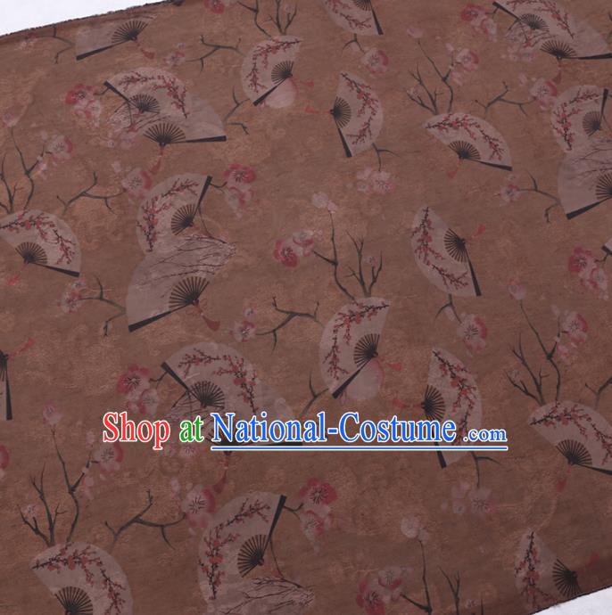 Chinese Cheongsam Classical Plum Fan Pattern Design Khaki Watered Gauze Fabric Asian Traditional Silk Material