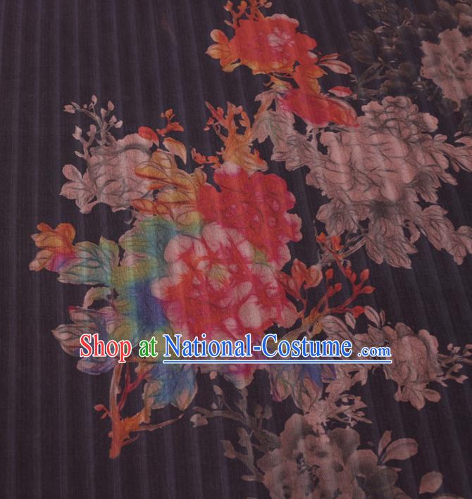 Chinese Cheongsam Classical Magnolia Peony Pattern Design Black Watered Gauze Fabric Asian Traditional Silk Material