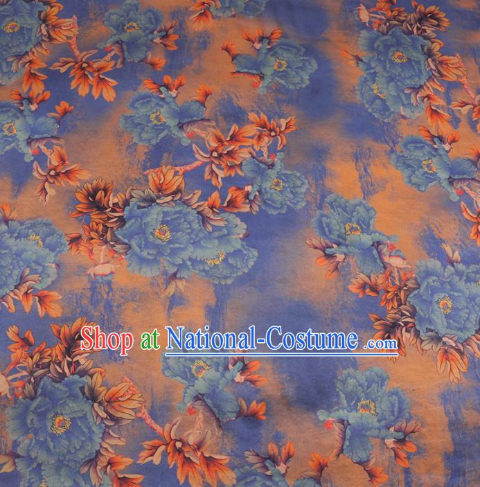 Chinese Cheongsam Classical Blue Peony Pattern Design Yellow Watered Gauze Fabric Asian Traditional Silk Material