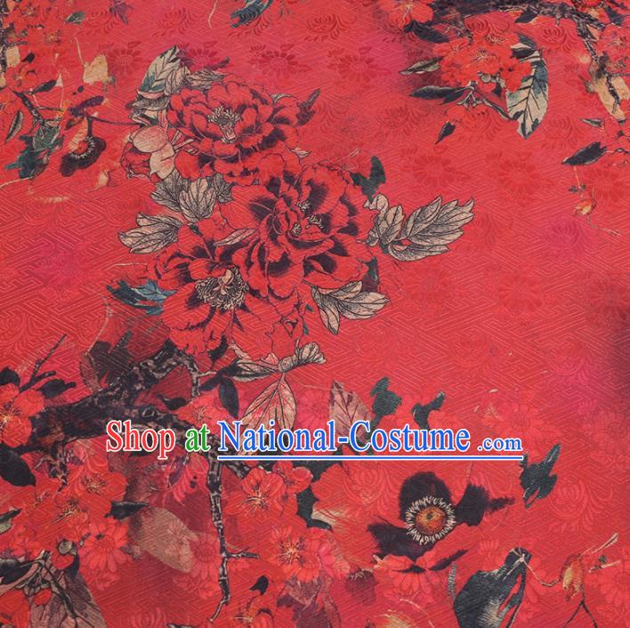 Chinese Cheongsam Classical Chrysanthemum Peony Pattern Design Red Watered Gauze Fabric Asian Traditional Silk Material