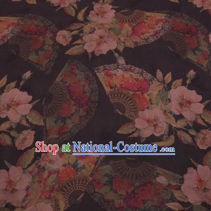 Chinese Cheongsam Classical Camellia Fan Pattern Design Black Watered Gauze Fabric Asian Traditional Silk Material