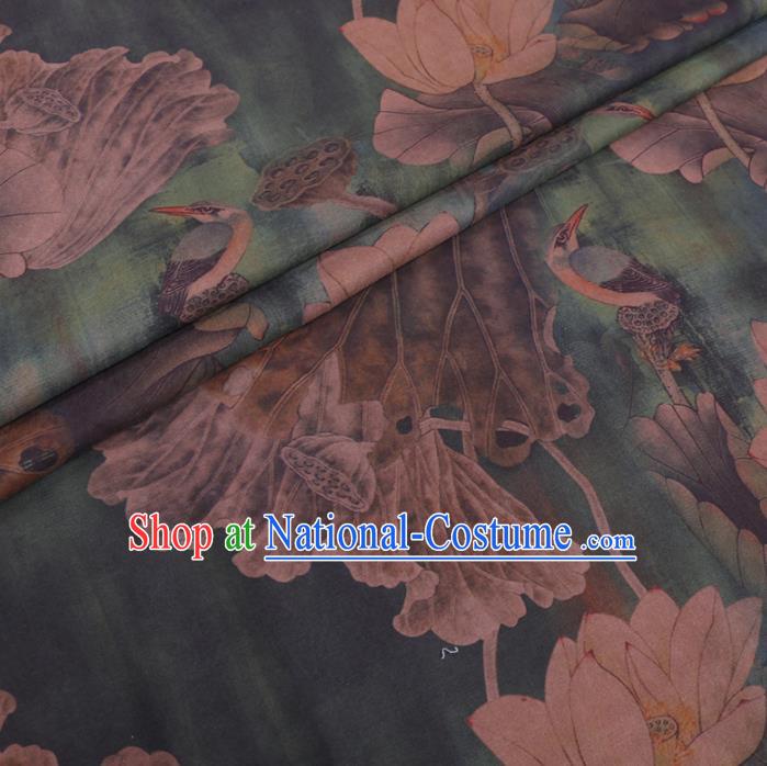 Chinese Cheongsam Classical Lotus Goose Pattern Design Blue Watered Gauze Fabric Asian Traditional Silk Material