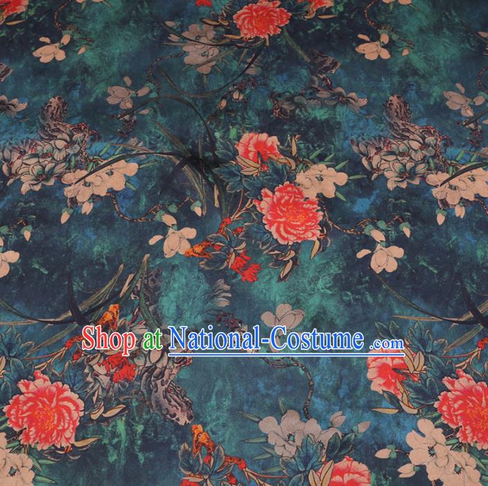 Chinese Cheongsam Classical Magnolia Peony Pattern Design Peacock Green Watered Gauze Fabric Asian Traditional Silk Material