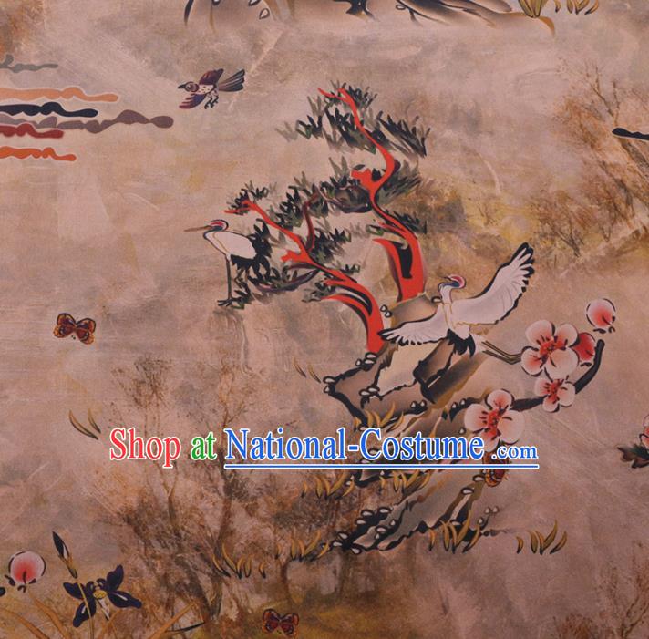 Chinese Cheongsam Classical Crane Plum Pattern Design Khaki Watered Gauze Fabric Asian Traditional Silk Material