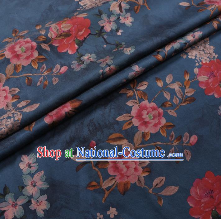 Chinese Cheongsam Classical Flowers Pattern Design Blue Watered Gauze Fabric Asian Traditional Silk Material