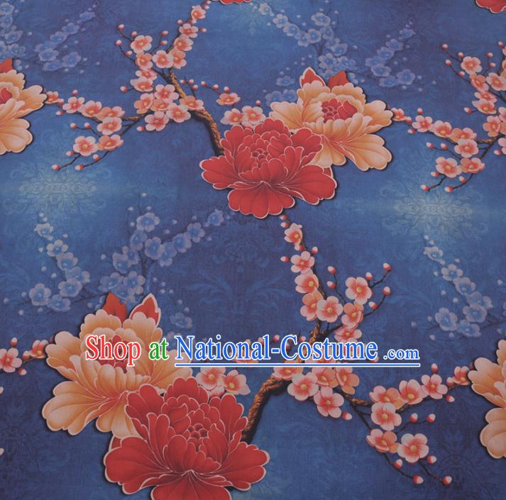 Chinese Cheongsam Classical Peony Plum Pattern Design Blue Watered Gauze Fabric Asian Traditional Silk Material