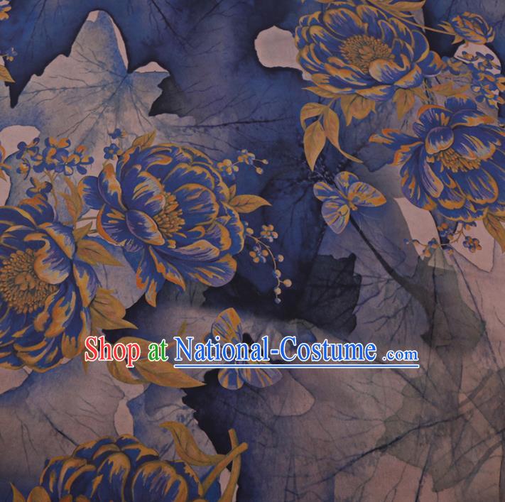 Chinese Cheongsam Classical Peony Flowers Pattern Design Navy Blue Watered Gauze Fabric Asian Traditional Silk Material