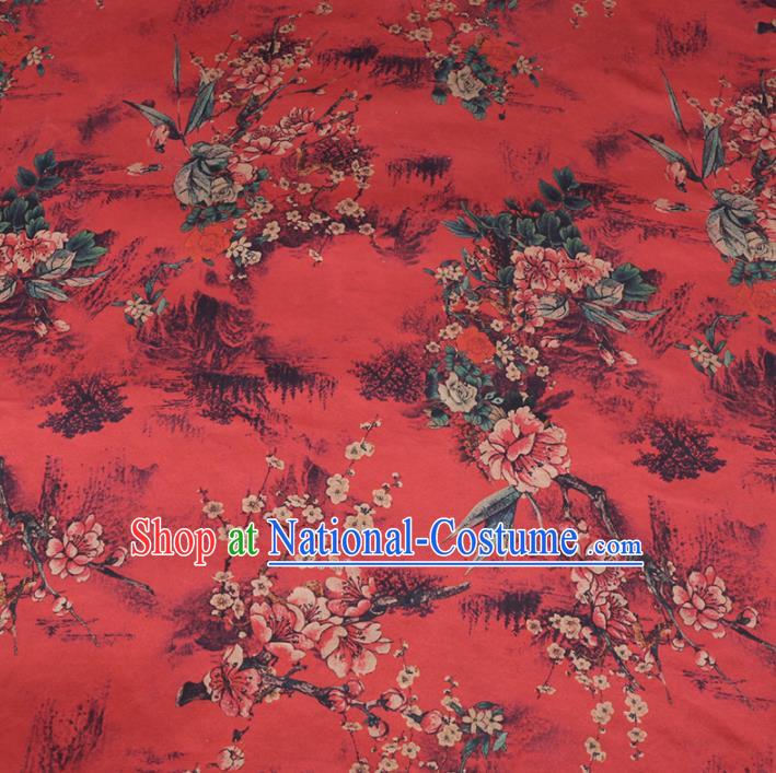 Chinese Cheongsam Classical Plum Flowers Pattern Design Red Watered Gauze Fabric Asian Traditional Silk Material