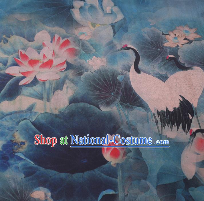 Chinese Cheongsam Classical Cranes Lotus Pattern Design Blue Watered Gauze Fabric Asian Traditional Silk Material