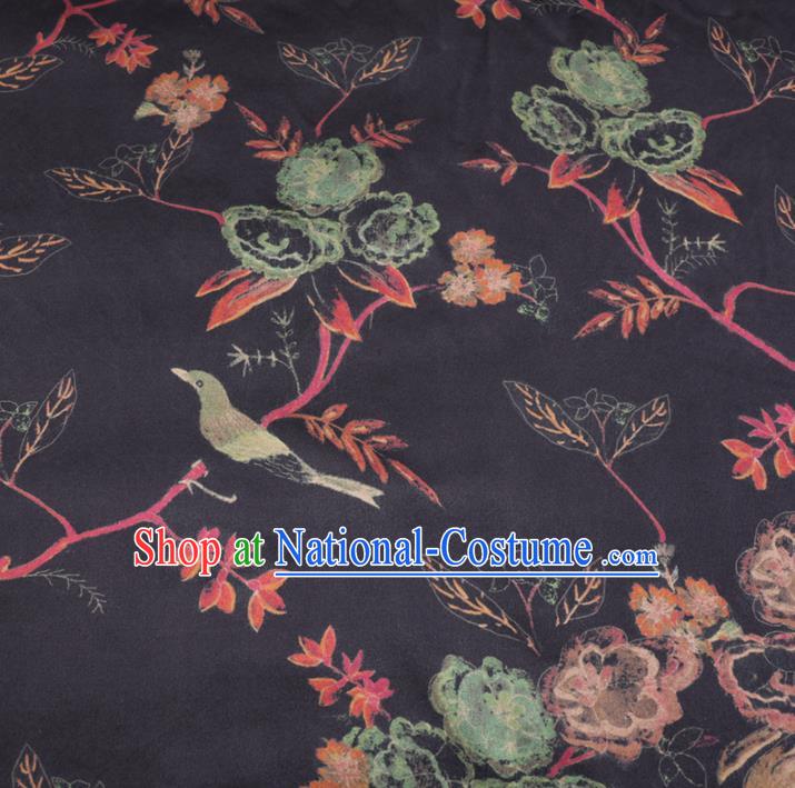 Chinese Cheongsam Classical Flowers Birds Pattern Design Black Watered Gauze Fabric Asian Traditional Silk Material