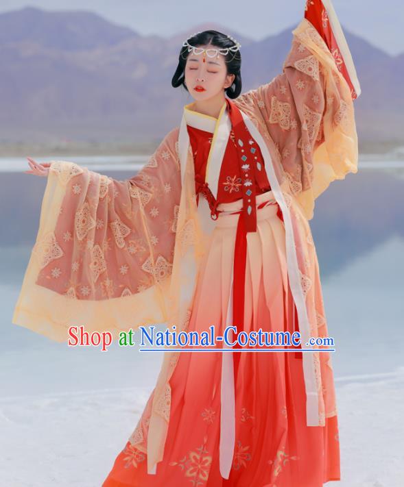 Chinese Ancient Goddess Embroidered Red Dress Traditional Jin Dynasty Court Princess Costumes for Women