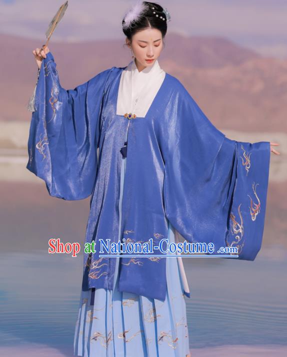 Chinese Ancient Royal Dowager Embroidered Blue Dress Traditional Ming Dynasty Court Countess Costumes for Women