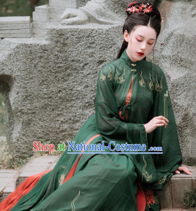 Chinese Ancient Embroidered Green Dress Traditional Ming Dynasty Aristocratic Lady Costumes for Women