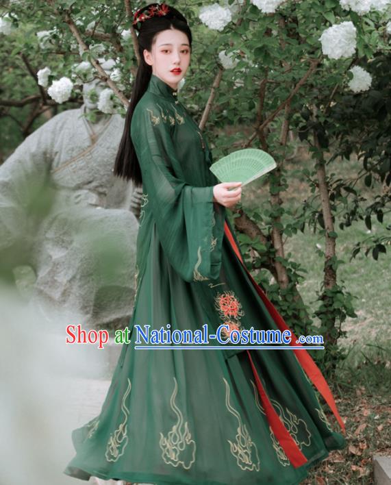 Chinese Ancient Embroidered Green Dress Traditional Ming Dynasty Aristocratic Lady Costumes for Women