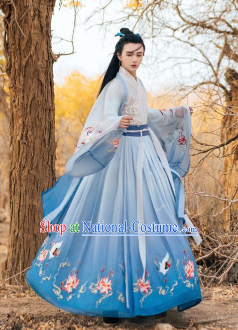 Chinese Ancient Nobility Childe Embroidered Blue Clothing Traditional Jin Dynasty Royal Prince Costumes for Men