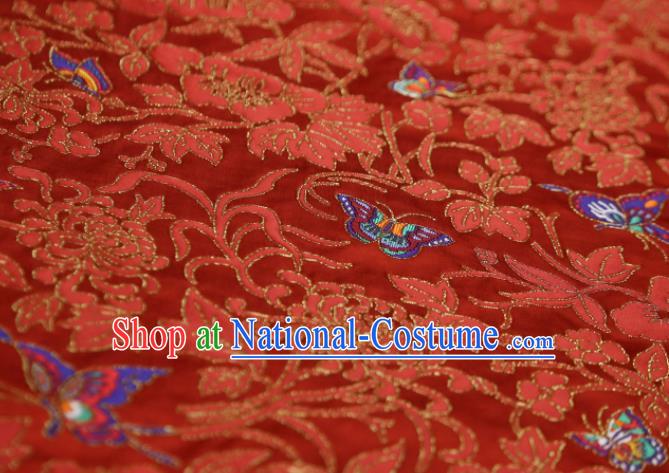 Chinese Classical Chrysanthemum Butterfly Pattern Design Red Brocade Fabric Asian Traditional Silk Material