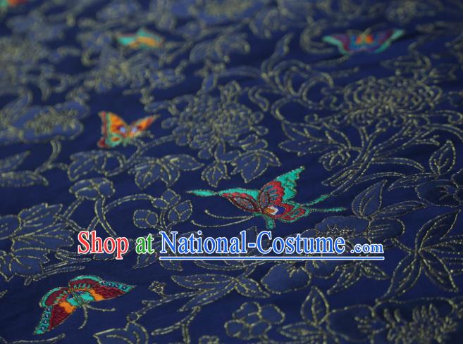 Chinese Classical Chrysanthemum Butterfly Pattern Design Navy Brocade Fabric Asian Traditional Silk Material