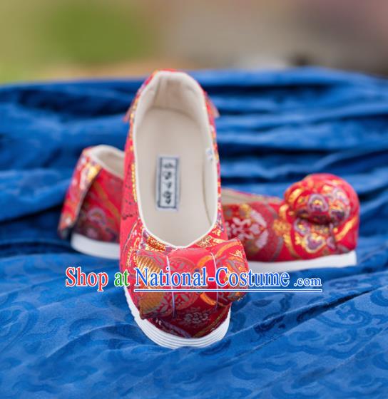 Chinese Traditional Red Brocade Bow Shoes Opera Shoes Hanfu Shoes Wedding Shoes for Women